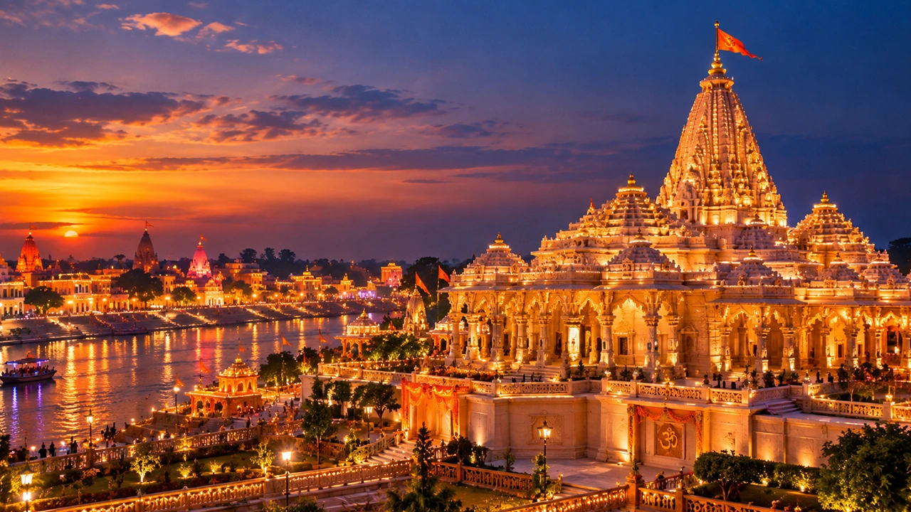 Ayodhya Ram Mandir illuminated at evening in Ayodhya