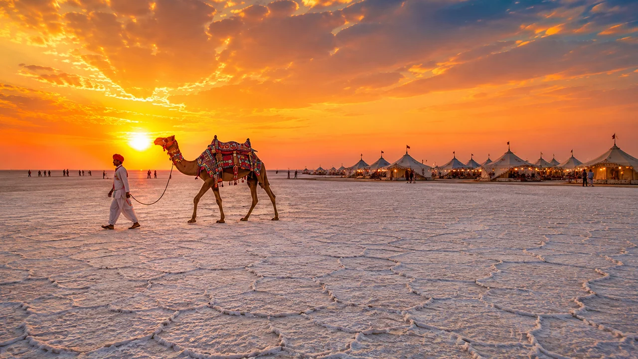 Gujarat Travel – beautiful white salt desert of the Rann of Kutch at sunset