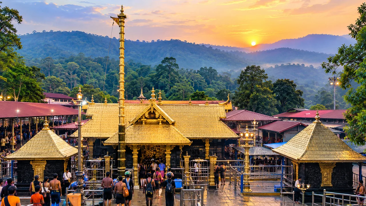 Sabarimala Ayyappa Temple surrounded by the hills of Kerala