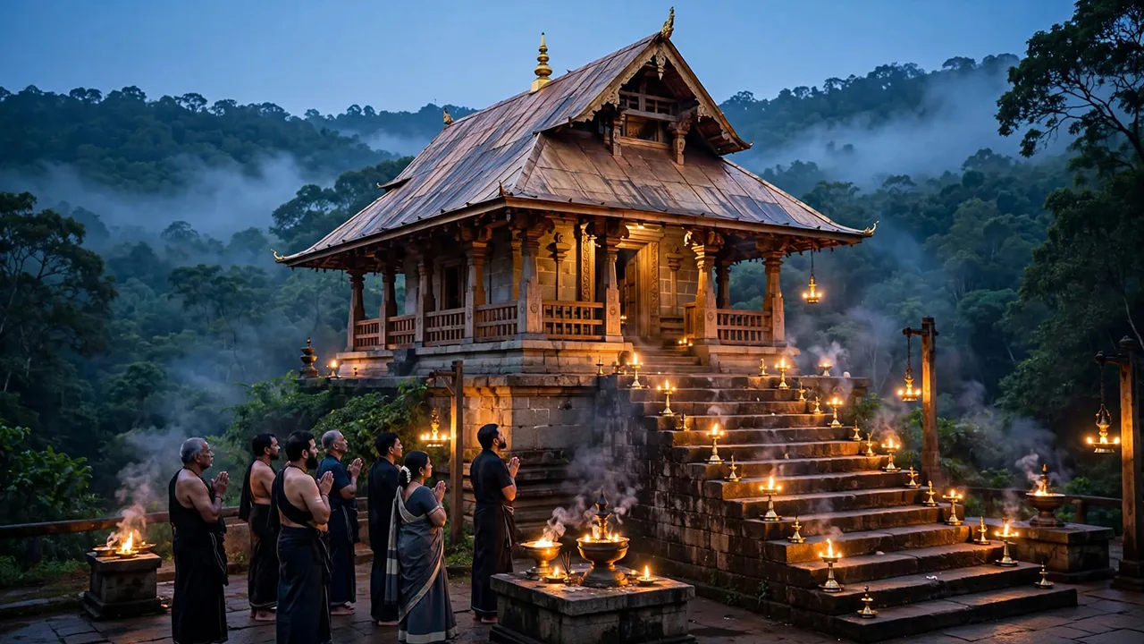 Devotees participating in traditional worship at Sabarimala Temple